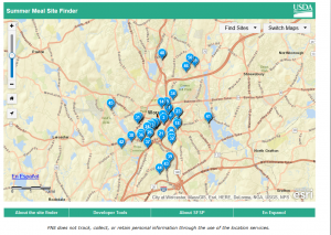 google map showing locations of free summer food service program sites in Worcester from USDA website