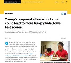 Screen shot of the Hechinger Report Aug 7, 2017 article Trump's proposed after-school cuts could lead to more hungry kids, lower test scores