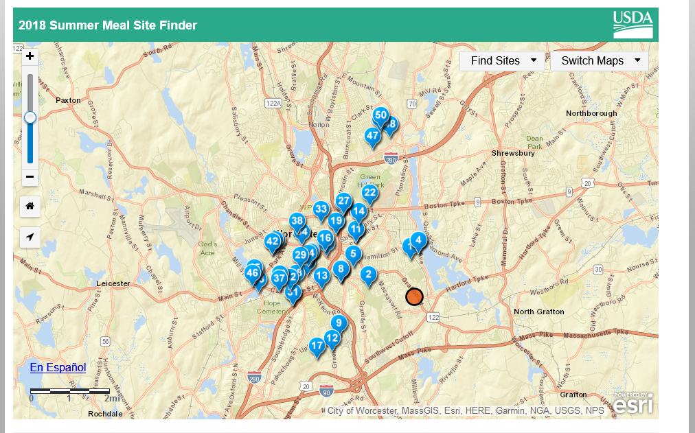 A map generated by the 2018 Summer Meals Site Finder at USDA Food and Nutrition Services showing 50 sites within 5 miles of zip code 01604